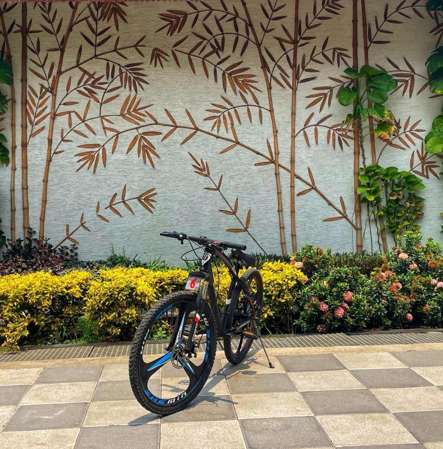 Radisson Blu Plaza Resort & Convention Centre カルジャット エクステリア 写真 A bicycle parked in front of a wall with a bamboo design